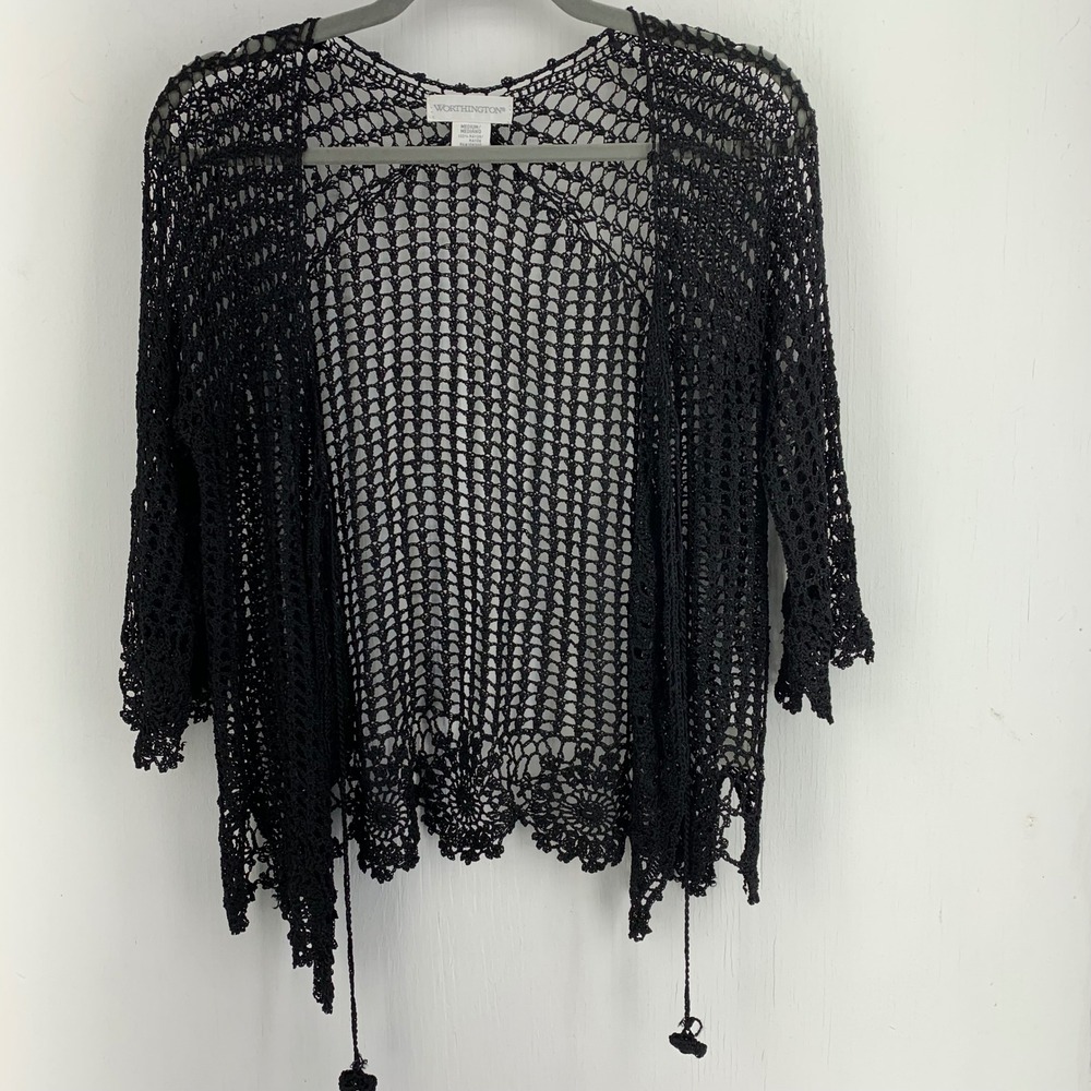 Vtg Crochet Lace Open Cardigan Sweater Medium Whimsigoth Romantic Victorian